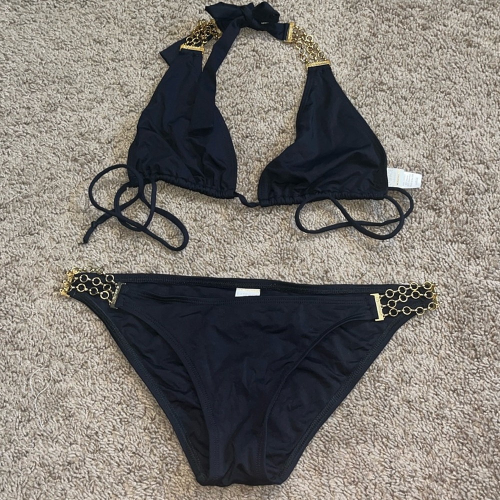 L space black bikini with gold embellishment, top size large bottom size medium